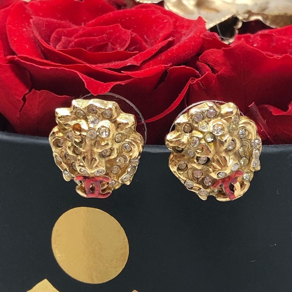 Gold Lion Head Earrings with Crystal Accents